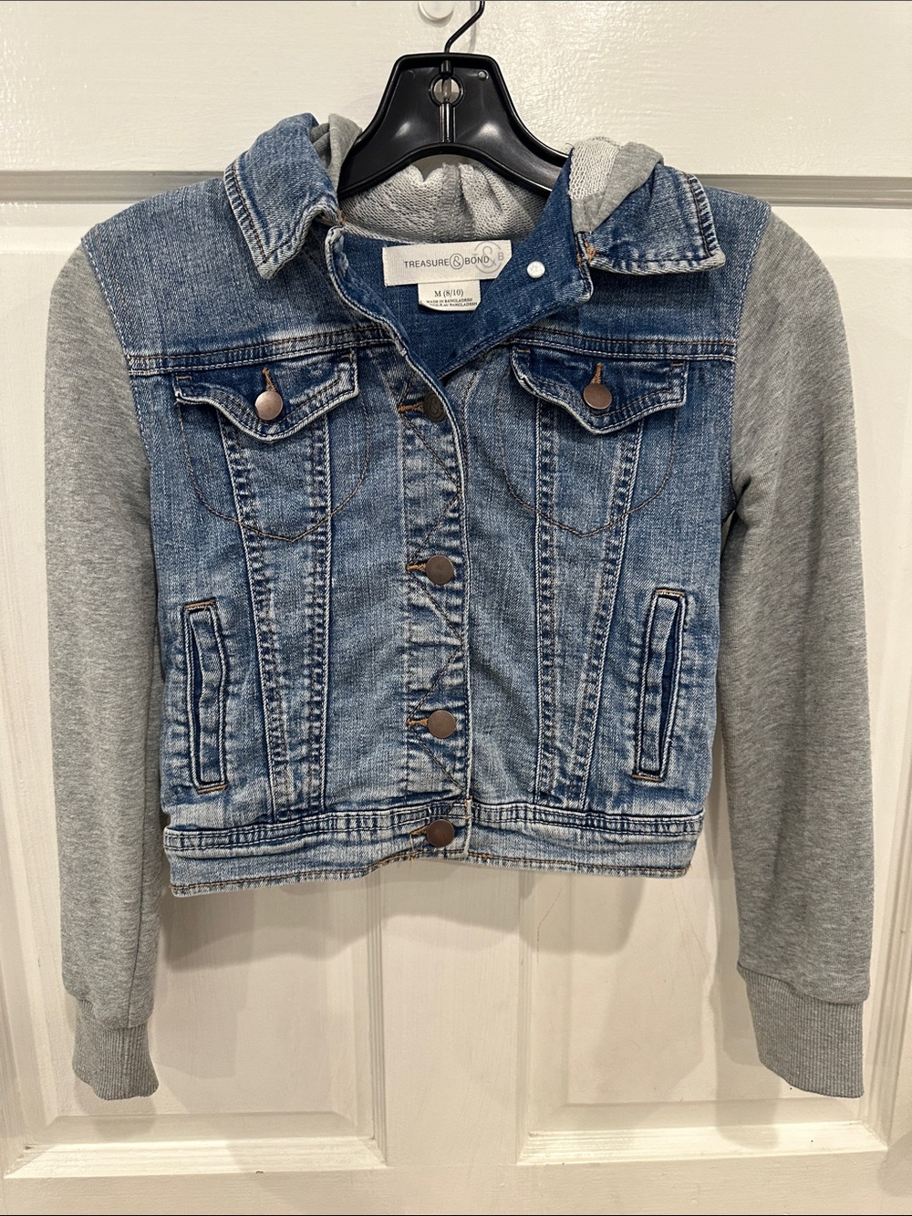 Treasure & Bond Girls Denim Jacket with  Hoodie Sleeves Size 8/10